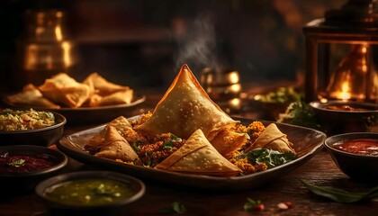 A plate of samosas with other Indian dishes in the background, food photography, studio lighting, high-resolution photography, insanely detailed, fine details, isolated on a dark background, 
