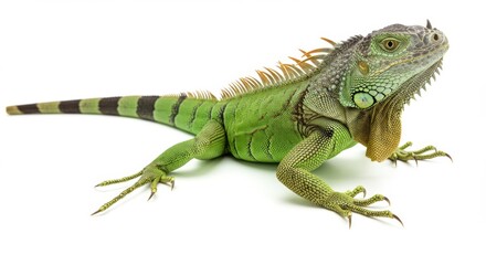 Naklejka premium Captivating close up of a green iguana showcasing its vibrant colors, textured skin, and distinctive features against a pristine white background, perfect for educational content