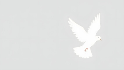 Fototapeta premium A graceful white dove soaring, representing the Holy Spirit, with intricate feather details and a pale gray background for spiritual and religious use.