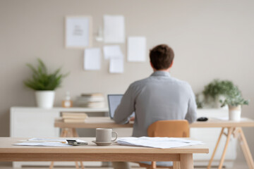 serene workspace with person analyzing their budget on laptop surrounded by financial documents and calculator