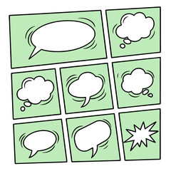 Blank Comic Speech and Thought Bubbles in Green Panel Grid