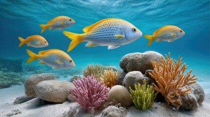 Obraz premium Colorful School of Fish Swimming Among Vibrant Coral Reef Ecosystem