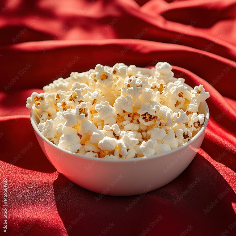 Poster Bowl of fluffy, buttered popcorn sits atop a shiny red satin sheet, illuminated by a strong light, casting long shadows and creating a cozy atmosphere.