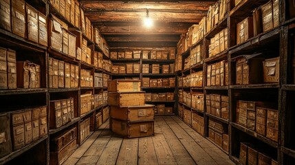 Fototapeta premium Storage room with wooden shelves, boxes, glowing bulb, and aged planks