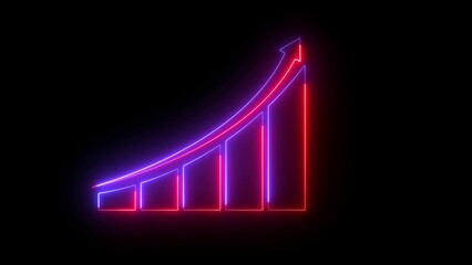 Glowing purple bar chart with upward red arrow on dark background, symbolizing financial growth, success, business progress