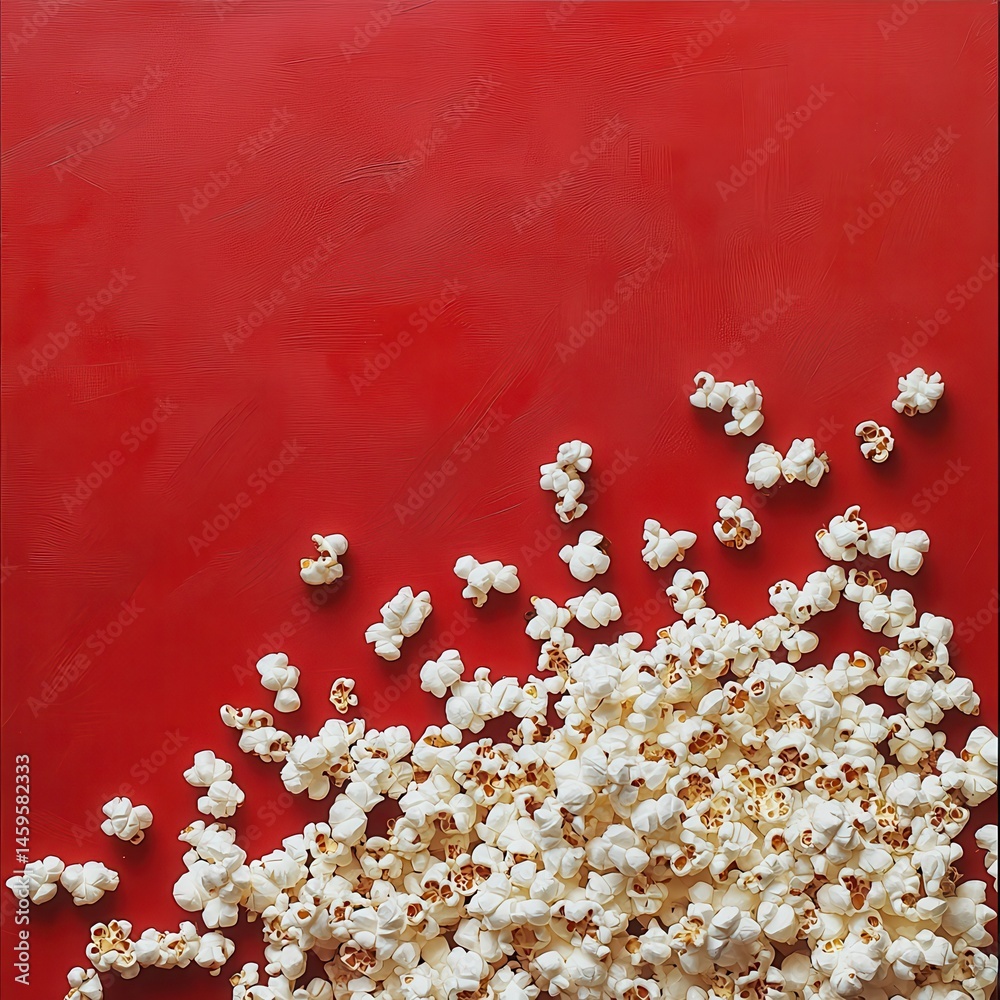Poster Popcorn on Red: A simple, inviting layout of fresh popcorn scattered across a vibrant red surface.  A snack moment in visual form.