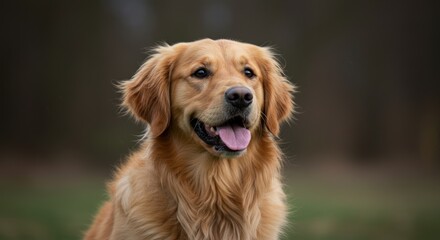 Golden retriever dog portrait outdoors with blurred background showing tongue.