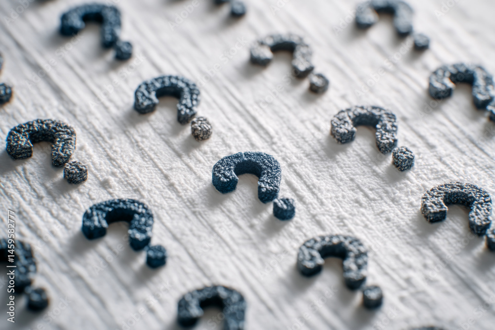 Poster Grey question marks on textured white surface, creating an inquisitive and intriguing visual concept, ideal for uncertainty, questioning, or problem-solving themes