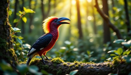 Naklejka premium A vibrant bird with a striking crest perches on a mossy branch in a sunlit forest, surrounded by lush green foliage.