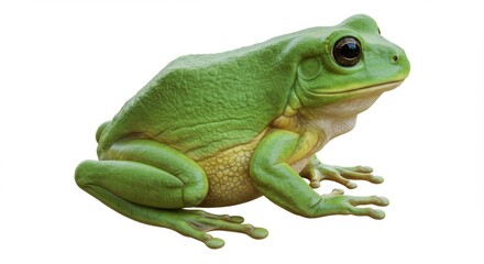 Obraz premium Captivating Green Tree Frog Portrait Highlighting its Smooth Skin and Big Eyes on a Clean White Backdrop, Ideal for Educational and Wildlife Projects
