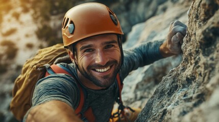 portrait of a smiling man climbing a mountain