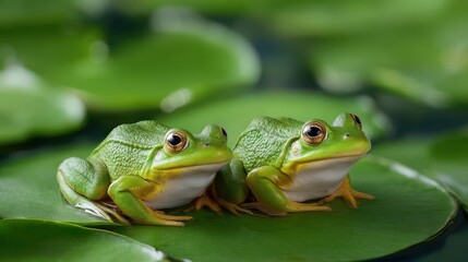 Obraz premium Two Green Frogs Resting on Lily Pads in a Serene Pond Environment