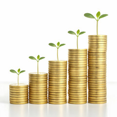 spiral of sustainable prosperity layered gold coin stacks and thriving green plants symbolizing eco-friendly financial growth on white background