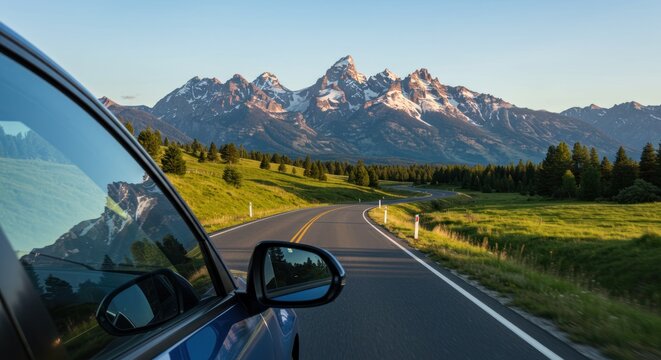 Car on road with mountains and trees in background on a sunny day.