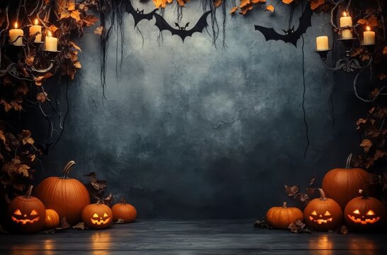 High-quality Halloween background with pumpkins, candles, and bats arranged on a dark gray wall, designed as a photo studio backdrop. This Halloween-themed Victorian-style decoration creates a spooky 