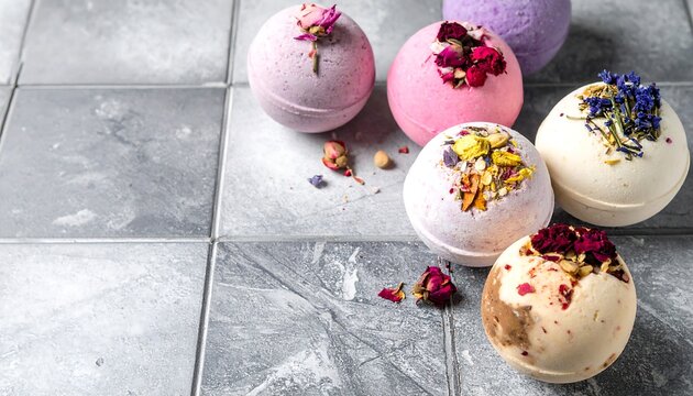 Aromatic bath bombs with botanicals on tile backdrop. A calming spa day concept, wellness, selfcare. Use for product promotion, relaxation, and beauty.