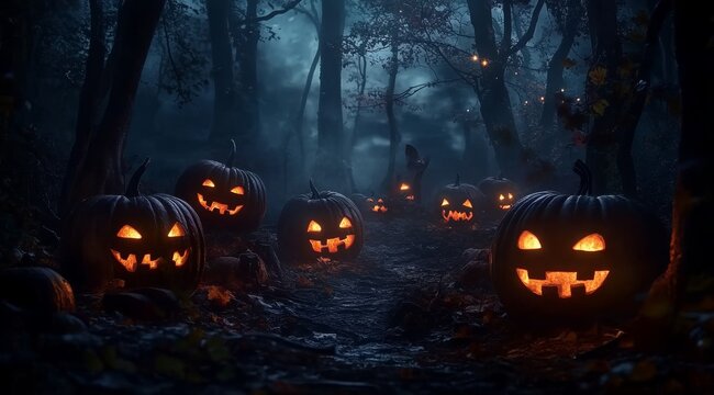 A high-quality and spooky Halloween concept background design features Halloween pumpkins with glowing eyes situated in a dark, foggy forest. The scene captures a scary night landscape with illuminate