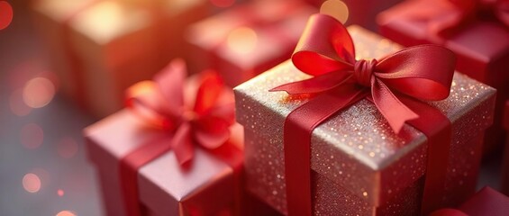 Close-up of shimmering gift boxes tied with satin ribbons in warm light , elegant, beautiful, gift