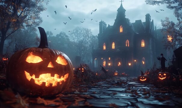 A hyper-realistic and scary autumn scene of Halloween night, created with Unreal Engine and cinematic lighting. The image features spooky pumpkins in the foreground and a haunted mansion in the backgr