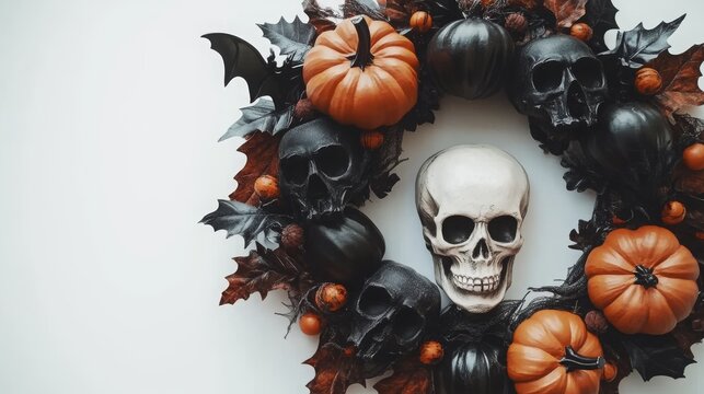 Close-up view of a high-quality Halloween-themed skull wreath adorned with skulls, pumpkins, and bats, set against a clean white background. This charming Halloween decoration is perfect for home deco