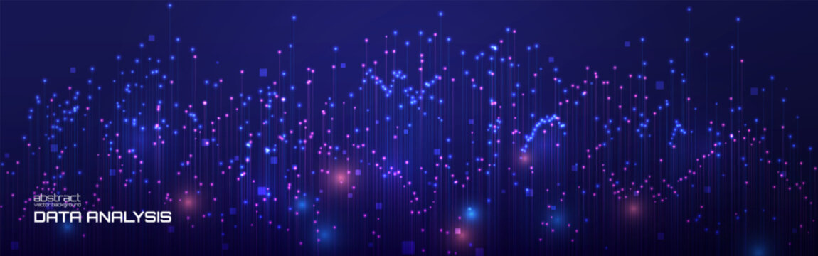 Big data visualization with glowing blue and pink lights. Abstract charts and vertical lines on dark backdrop. Digital analysis or tech visuals. Vector Illustration.