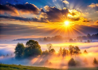 Obraz premium Cloudy Day Landscape: Sun Through Fog, Weather Forecast Illustration