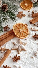 Fototapeta premium Festive wintery treats with cinnamon, oranges, and cookies. Sprinkled with powdered sugar and decorated with pine boughs