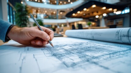 Architect reviewing detailed blueprints for a modern building design in a contemporary office space
