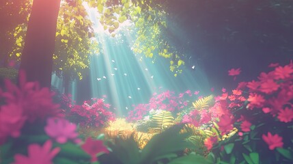Obraz premium Sunlight streams through a vibrant, floral forest. Lush foliage, pink blossoms, and soft light create a magical atmosphere