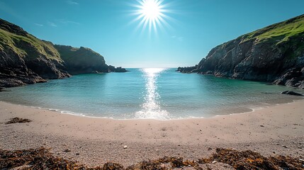 Obraz premium Scenic cove with turquoise water and sandy beach.