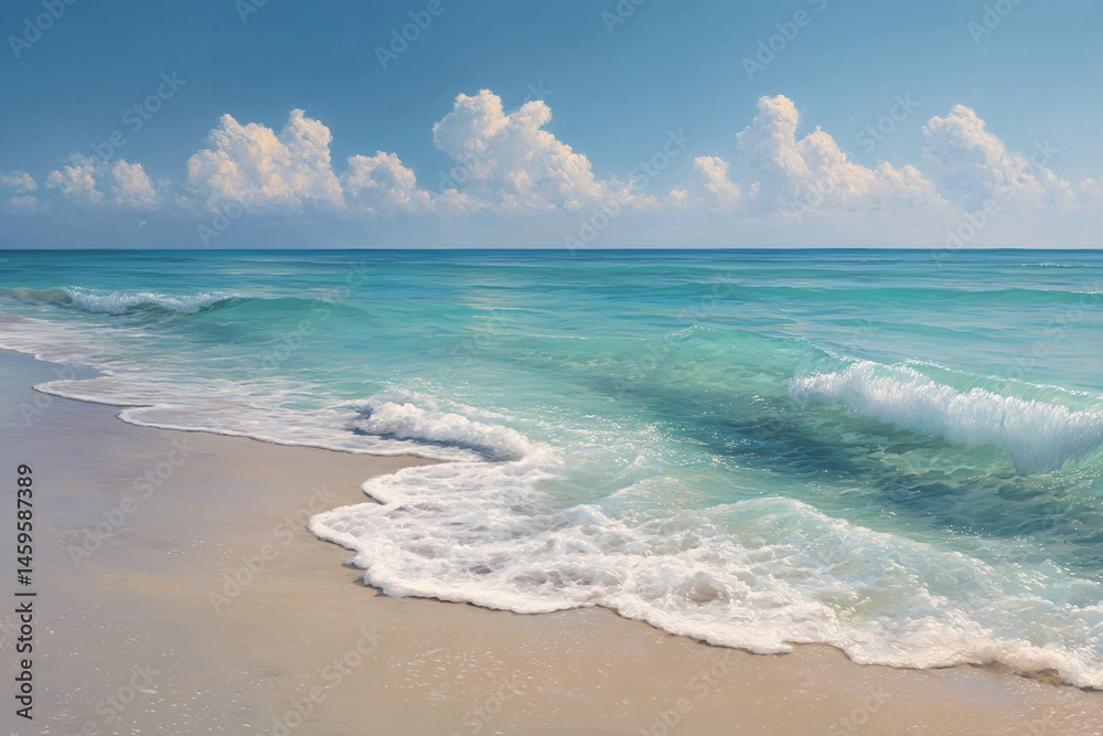 Aufkleber soft waves gently lapping a sandy beach under a bright sky with fluffy clouds, conveying serenity an