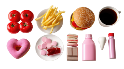 Pink Food: A colorful and contrasting flatlay of various foods on a white background, including a hamburger, fries, a pink donut, a red jelly, a red sauce, a pink bottle, a chocolate bar.