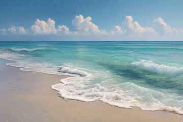 Soft waves gently lapping a sandy beach under a bright sky with fluffy clouds, conveying serenity and summer vacation vibes