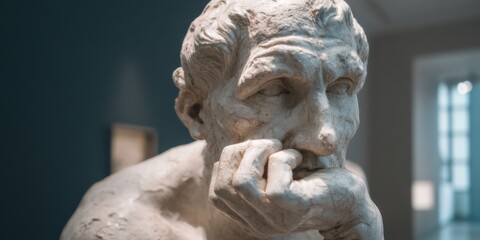 Thoughtful sculpture capturing human emotion in a museum setting during daylight hours