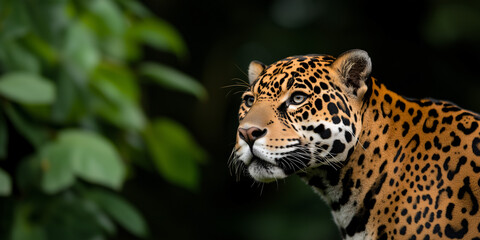 Obraz premium A close-up shot of a majestic jaguar, showcasing its striking spotted coat and intense gaze