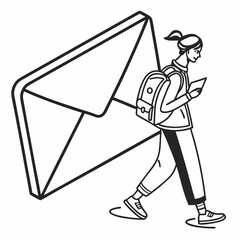 Hand-drawn student walking with a smartphone and an envelope for communication and education themes