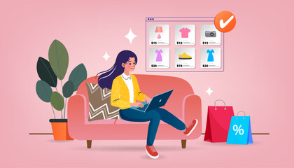 E-commerce and online shopping concept. A woman relaxes on a sofa at home, buying fashion clothes from an online store on her laptop and enjoying a special discount or sale.