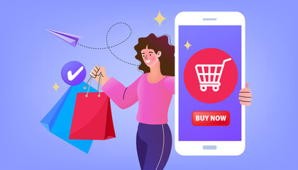 A cheerful woman holds colorful shopping bags while a mobile phone displays a shopping cart. This vibrant illustration captures the joy and convenience of modern online shopping.