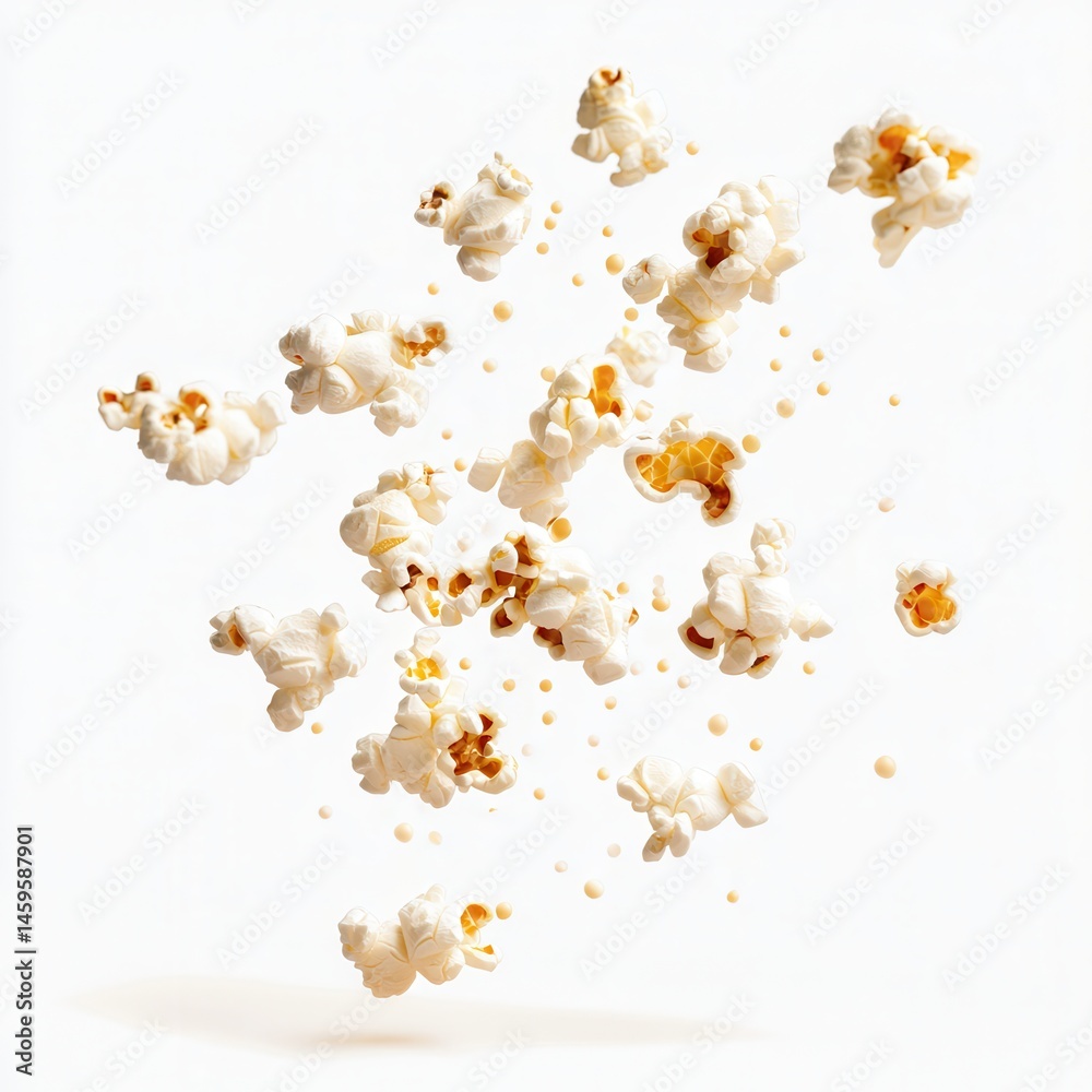 Poster floating kernels of fluffy, airy popcorn and tiny yellow buttery or oily droplets are against a brig