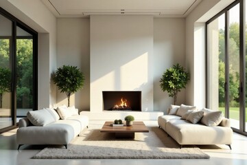 Modern minimalist living room design featuring a cozy fireplace and expansive windows showcasing natural sunlight and lush greenery