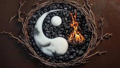A yin-yang symbol with black and white elements, surrounded by smooth rocks and lava in the center of each half. The background is dark brown.