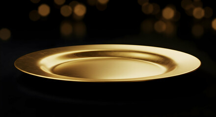 Elegant Gold Plate Display on Dark Backdrop with Bokeh Lights