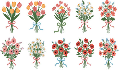 Naklejka premium Flower bouquets. Garden blossoming flowers with stem and leaves, floral bouquet. Various cartoon romantic flowering plant for Woman and Mother day.