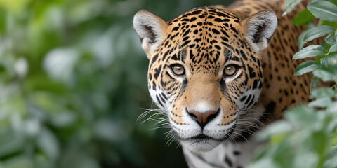 Obraz premium A captivating jaguar gazes intently from within lush foliage. The feline's striking coat of spots adds to the visual appeal. 