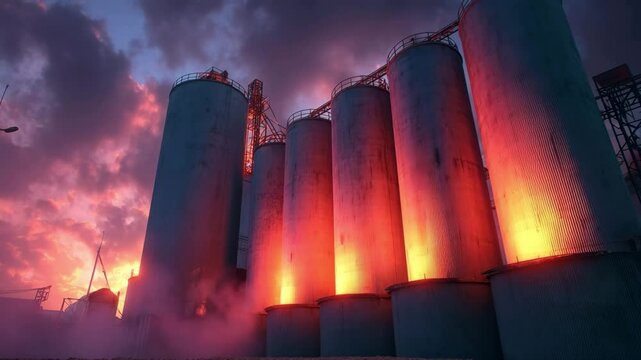 Industrial sand battery silos emit intense heat and glow vividly at dusk, showcasing a large-scale thermal energy storage system. Steam rises as the stored energy cools, renewable power in action