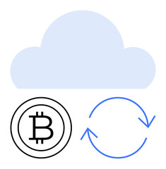 Blue cloud with cryptocurrency symbol and two rotating arrows. Ideal for blockchain, data sync, crypto wallet, cloud storage, DeFi, fintech, digital asset. Flat simple metaphor