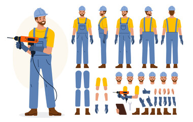 Industrial maintenance worker wearing helmet, overall uniform holding drill tool. Character for animation. Front, side and back view set. Body parts, postures, poses collection. Vector illustration.