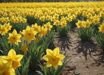 Obraz premium Sunlit field of vibrant yellow daffodils, petals glistening , macro, landscape