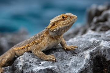 Bearded dragon basking on a rock, enjoying the sun.