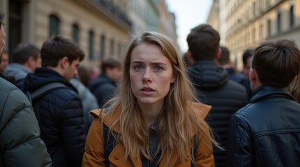 Anxious woman trapped in a crowded city street, surrounded by people, daylight, large copy space on the left.

